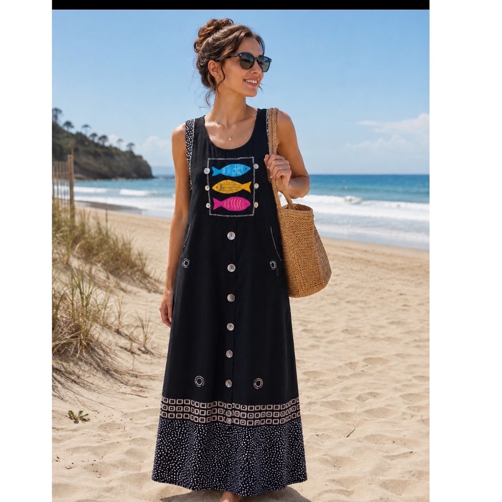 New identity y2k artisan Fish Maxi Dress Black Sleeveless Coastal Boho coastal